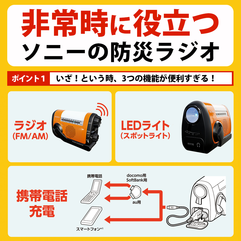 SONY ICF-B09-D 手回し充電対応 FM/AMポータブルラジオ オレンジ | ノジマオンライン