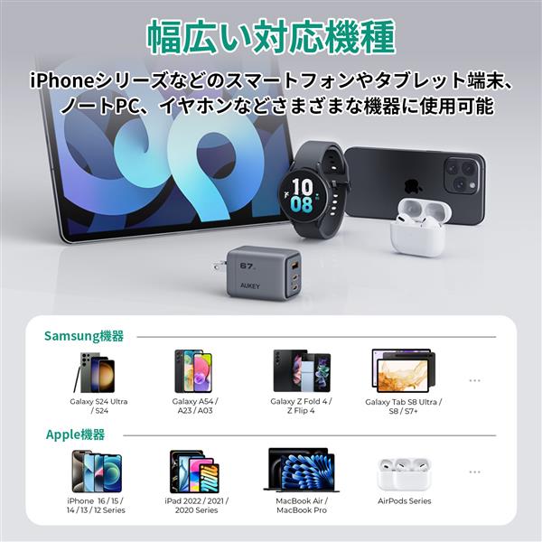 専用3本 AUKEY PA-C3-GY USB充電器 3ポート Comet Mix3 67W PD対応