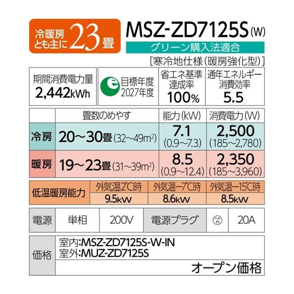 MITSUBISHI MSZ-ZD7125S-W-ESET ルームエアコン 霧ヶ峰 「ZD