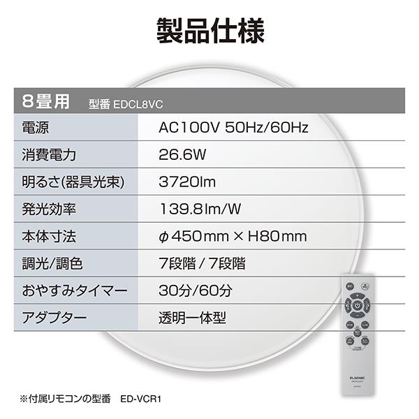 ELSONIC 音声操作シーリングライト8畳調色 EDCL8VC | ノジマオンライン
