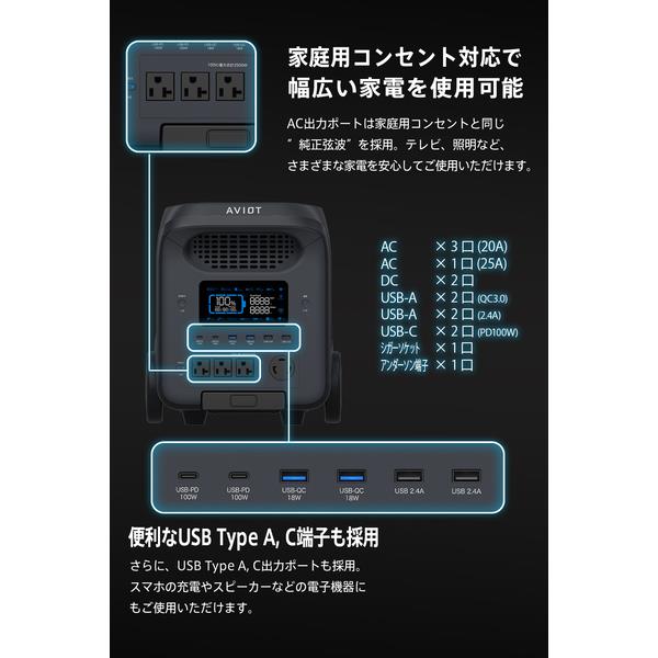 AVIOT ポータブル電源【3000W/純正弦波/リン酸鉄リチウムイオン/LED
