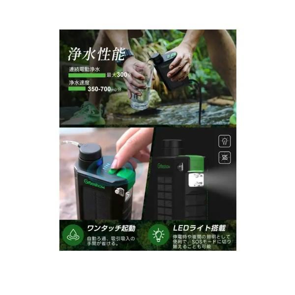 Greeshow 電動式携帯浄水器 [手回し/ソーラー充電機能/LEDライト 