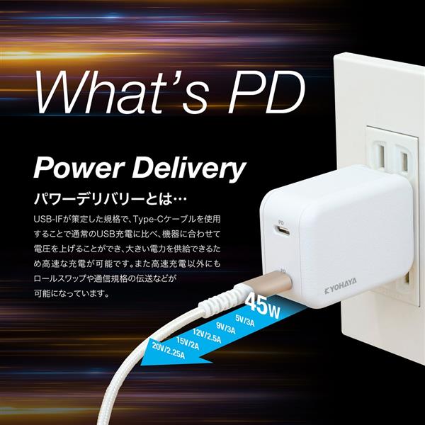 Kyohaya JKPD45M2WH PD対応 AC充電器【急速/PD・QC対応/ホワイト