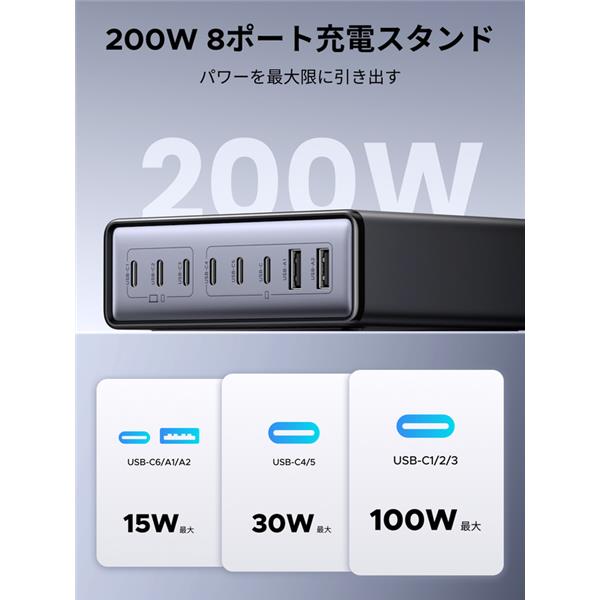 UGREEN Zapix 200W ﾃﾞｽｸﾄｯﾌﾟ急速充電器 8ﾎﾟｰﾄ 65070 | ノジマオンライン