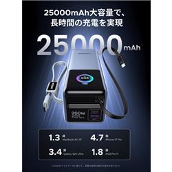 UGREEN 25000mAh 巻き取り式USB-Cｹｰﾌﾞﾙ内蔵 ﾓﾊﾞｲﾙﾊﾞｯﾃﾘｰ 200W 75702B