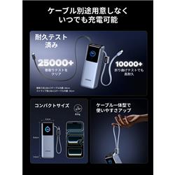 UGREEN 25000mAh 巻き取り式USB-Cｹｰﾌﾞﾙ内蔵 ﾓﾊﾞｲﾙﾊﾞｯﾃﾘｰ 200W 75702B