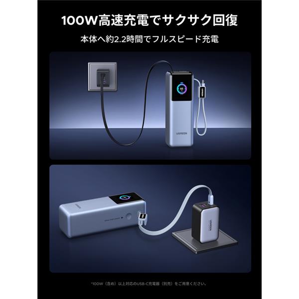 UGREEN 25000mAh 巻き取り式USB-Cｹｰﾌﾞﾙ内蔵 ﾓﾊﾞｲﾙﾊﾞｯﾃﾘｰ 200W 75702B