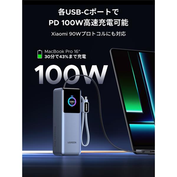 UGREEN 25000mAh 巻き取り式USB-Cｹｰﾌﾞﾙ内蔵 ﾓﾊﾞｲﾙﾊﾞｯﾃﾘｰ 200W 75702B