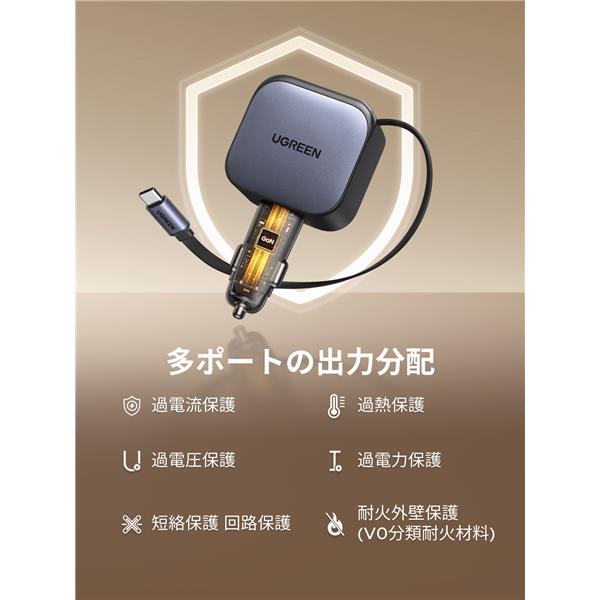 UGREEN Nexode 巻き取り式 USB-Cｹｰﾌﾞﾙ内蔵 ｶｰﾁｬｰｼﾞｬｰ 60W 55212B