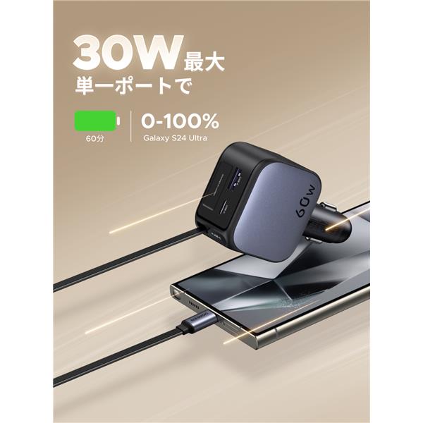 UGREEN Nexode 巻き取り式 USB-Cｹｰﾌﾞﾙ内蔵 ｶｰﾁｬｰｼﾞｬｰ 60W 55212B