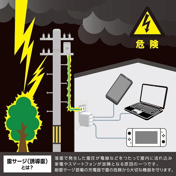 ELPA 耐雷USB充電器/PD20W/Aポート/2m/ブラック CHCR-SPA20BK | ノジマ