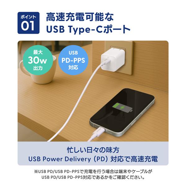 オウルテック USB Cケーブル付PD30W対応AC充電器ホワイト OWL
